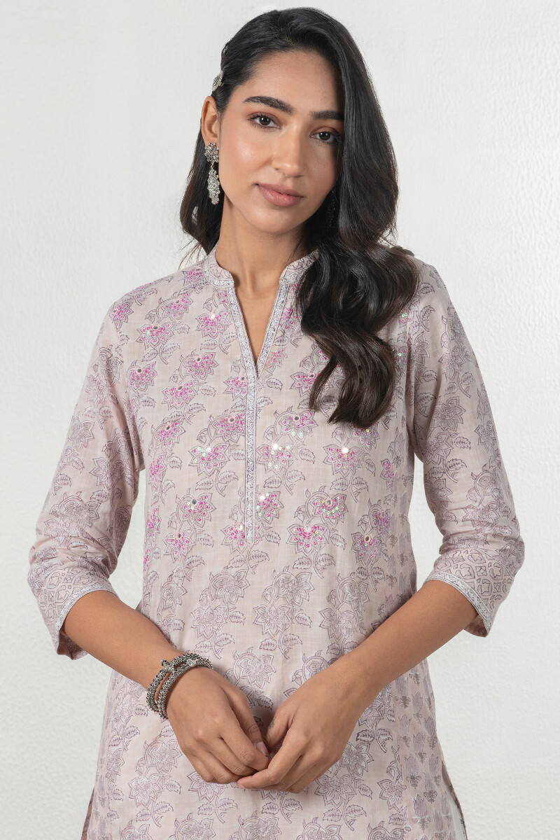 Pink Block Printed Straight Cotton Kurta