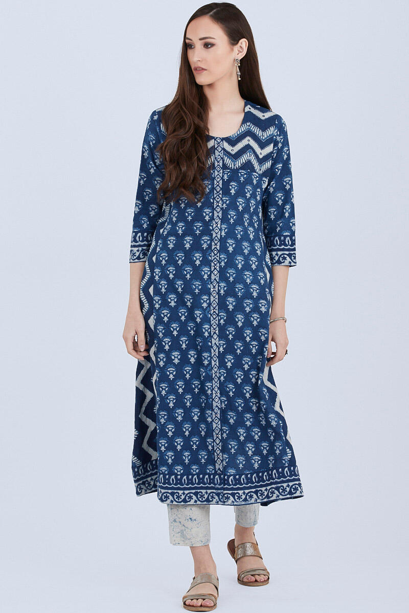 Indigo Block Printed A-line Cotton Kurta