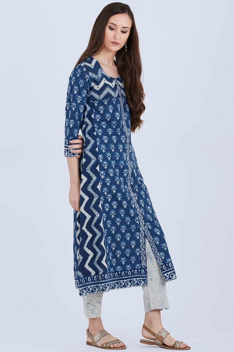 Indigo Block Printed A-line Cotton Kurta