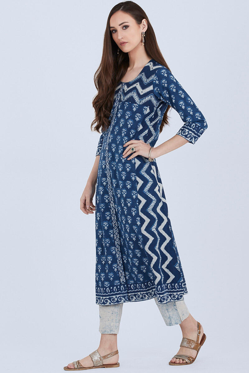 Indigo Block Printed A-line Cotton Kurta