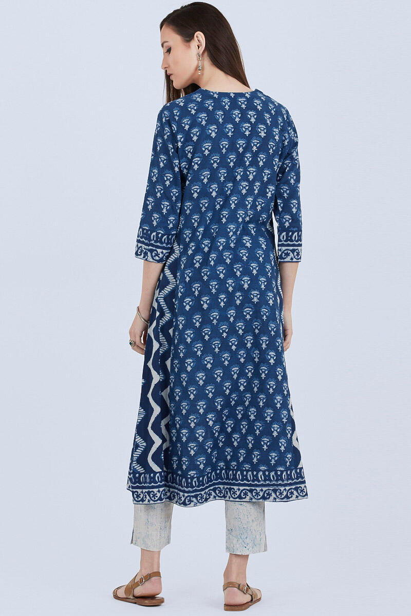 Indigo Block Printed A-line Cotton Kurta