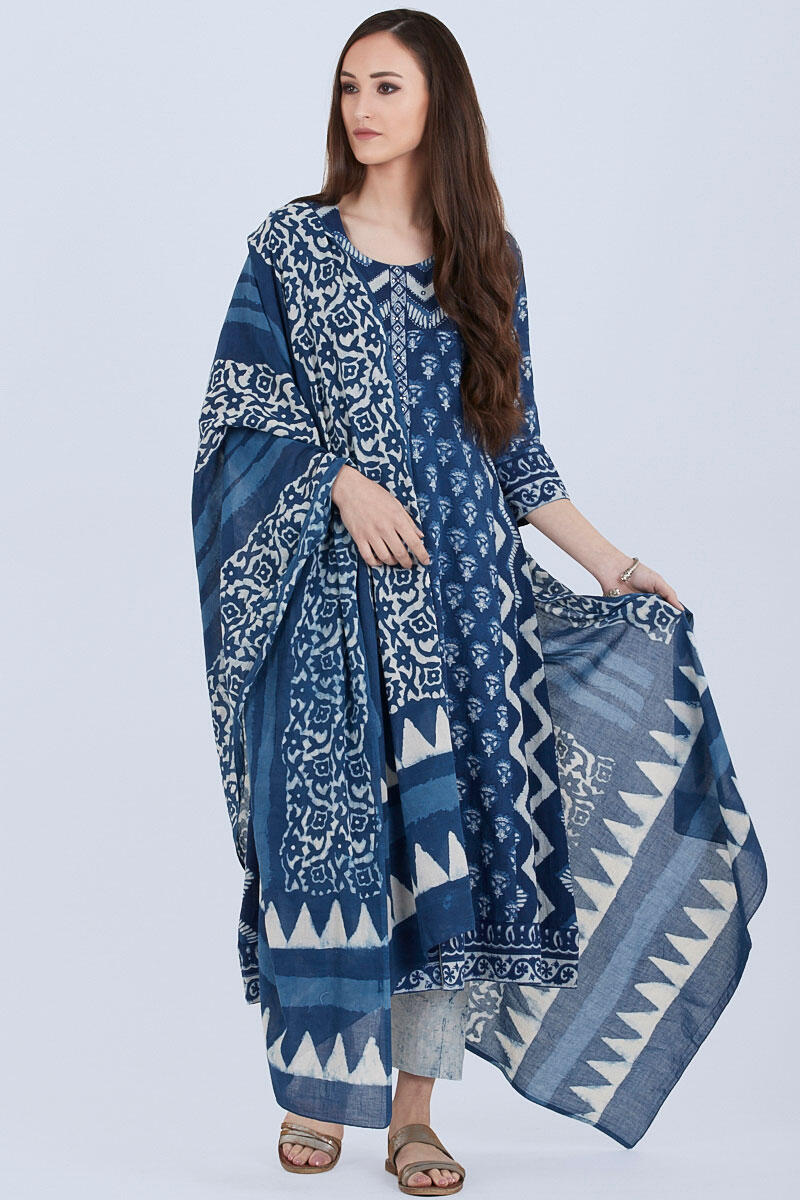 Indigo Block Printed A-line Cotton Kurta