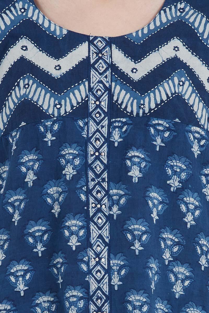 Indigo Block Printed A-line Cotton Kurta