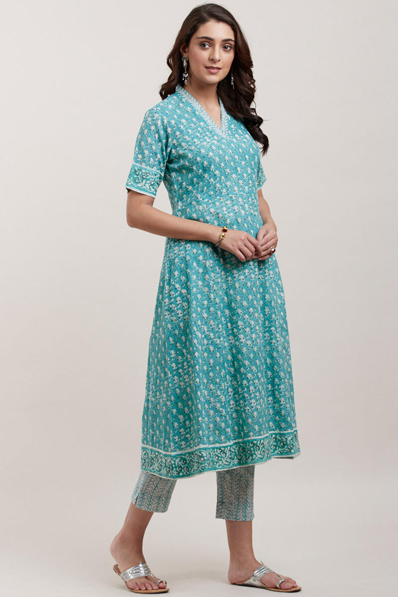 Turquoise Block Printed Straight Cotton Kurta