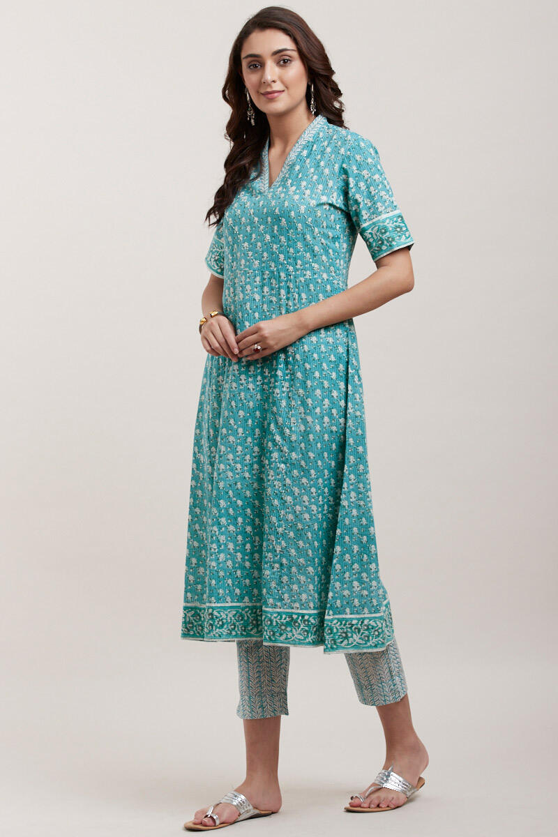 Turquoise Block Printed Straight Cotton Kurta