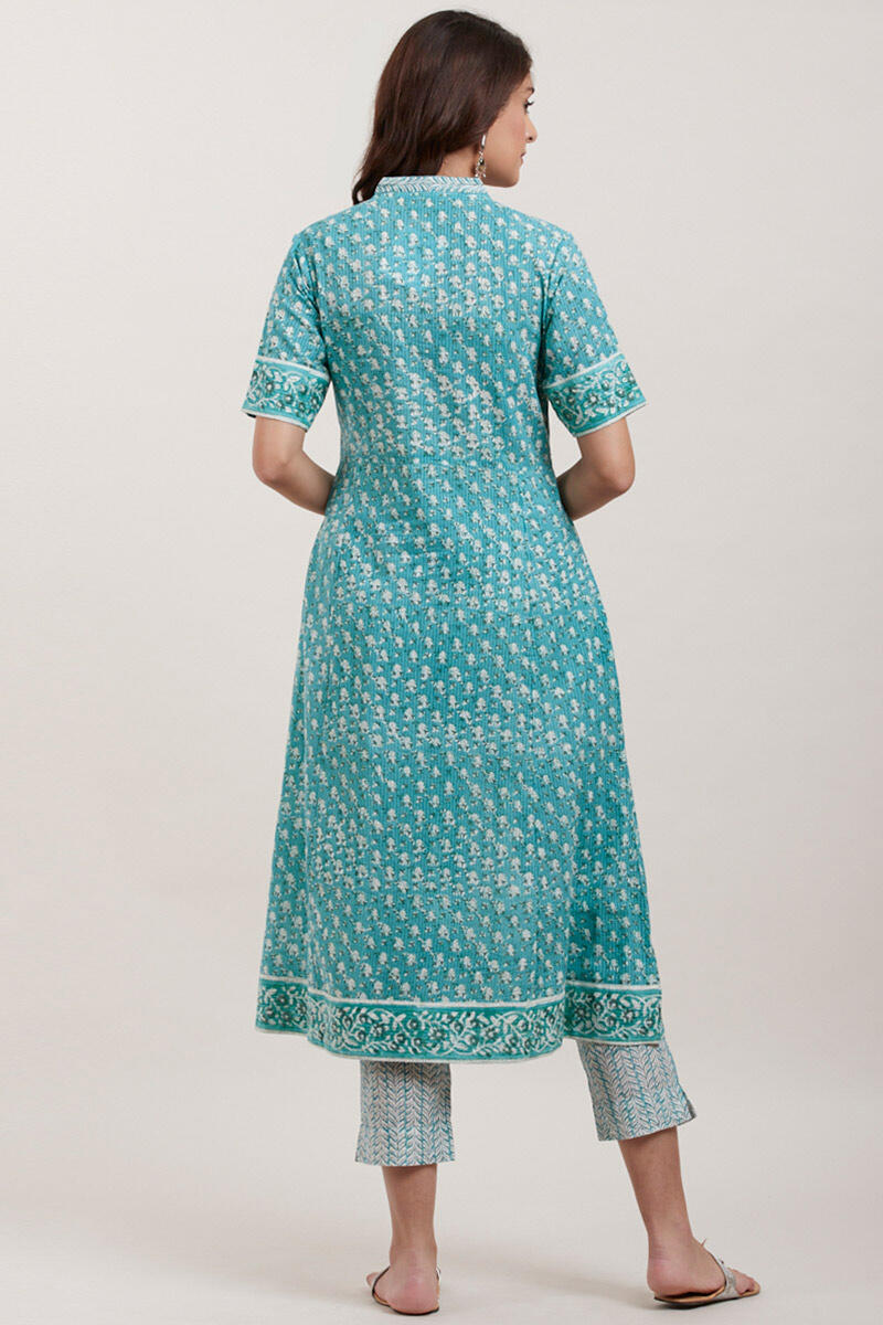 Turquoise Block Printed Straight Cotton Kurta
