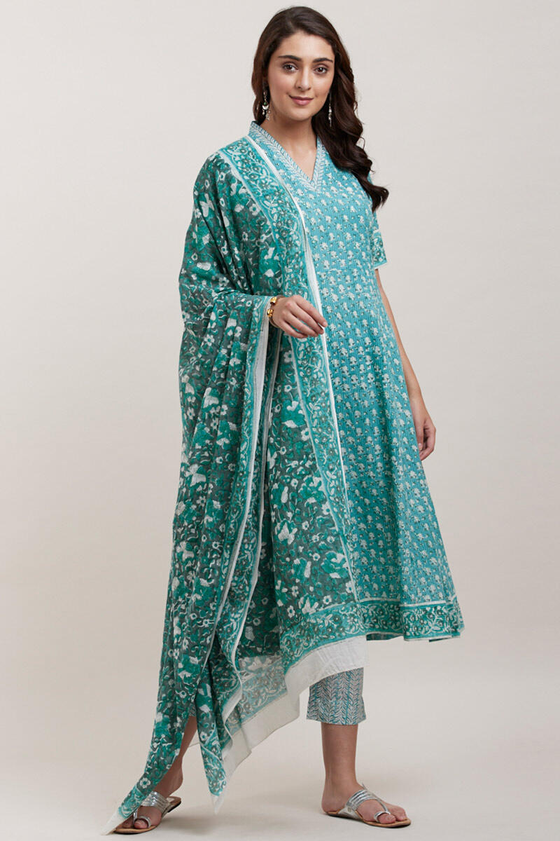 Turquoise Block Printed Straight Cotton Kurta