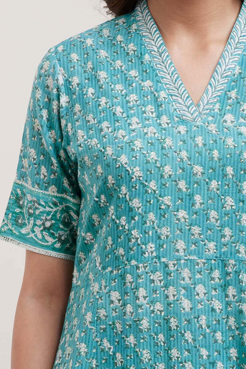 Turquoise Block Printed Straight Cotton Kurta