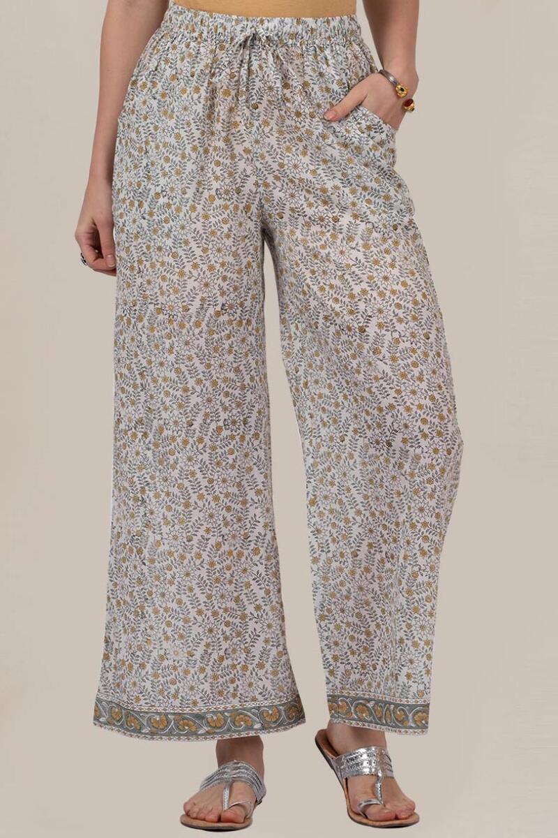 White Block Printed Cotton Farsi Pants
