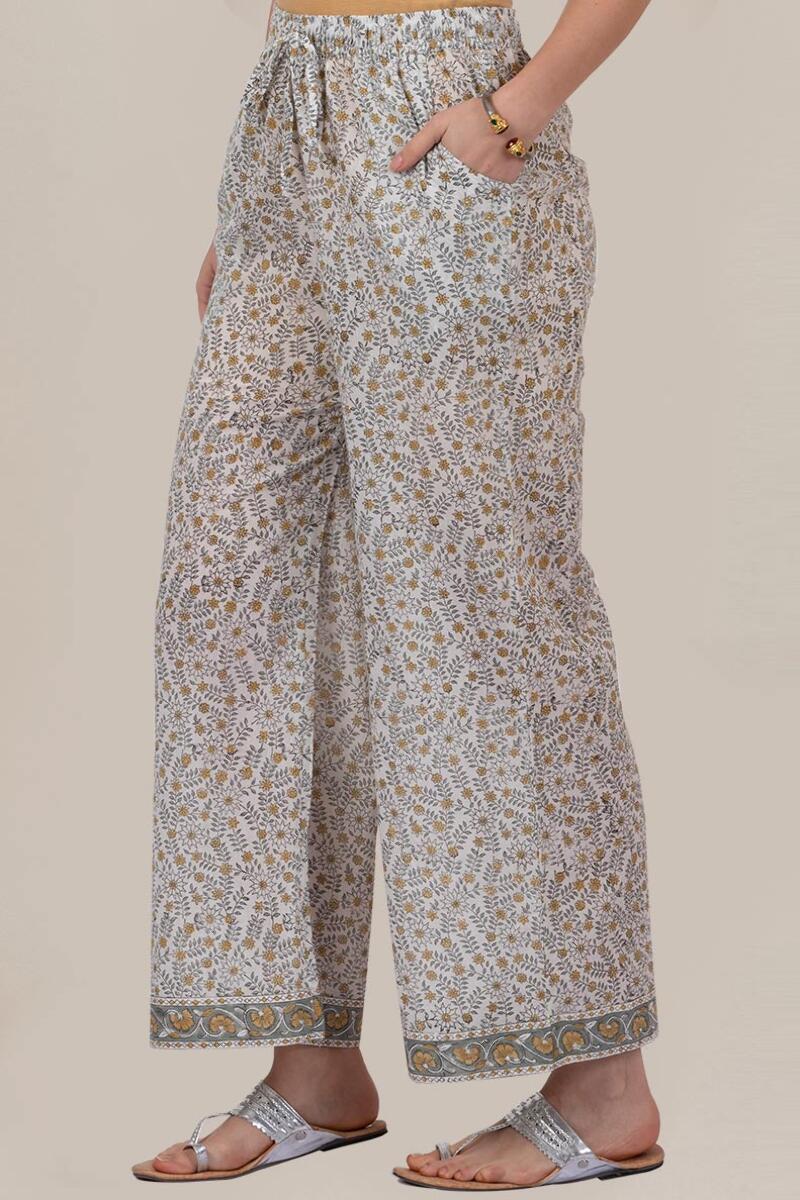 White Block Printed Cotton Farsi Pants