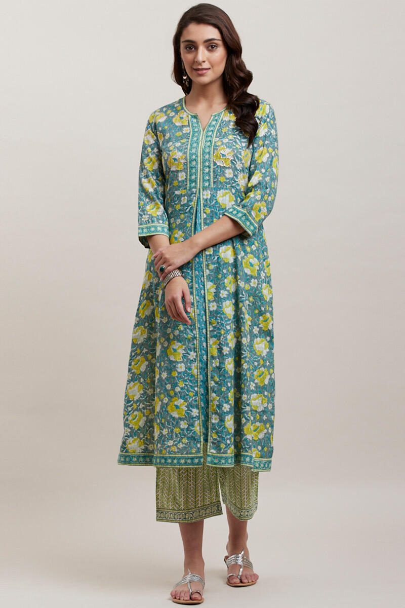 Green Block Printed A-line Cotton Kurta