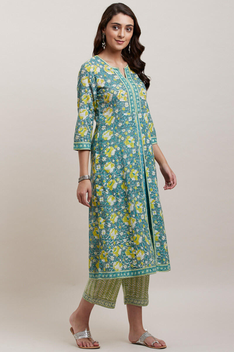Green Block Printed A-line Cotton Kurta