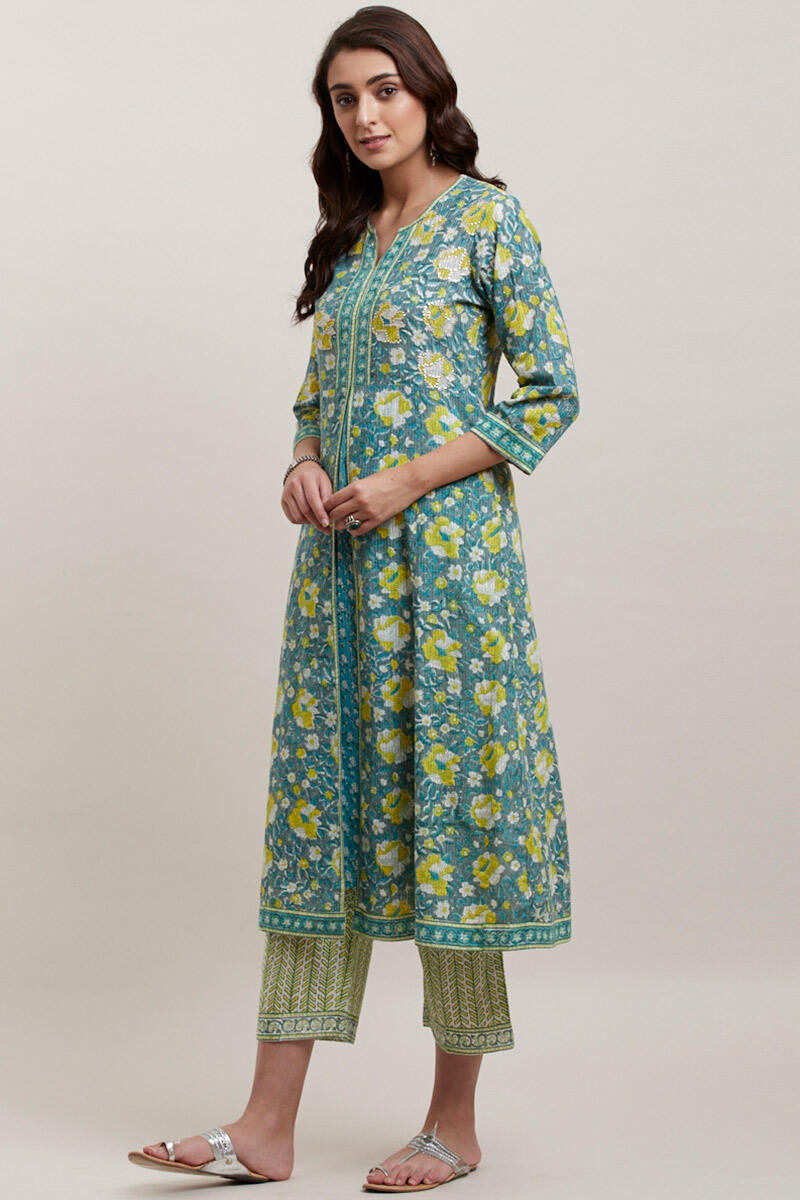 Green Block Printed A-line Cotton Kurta