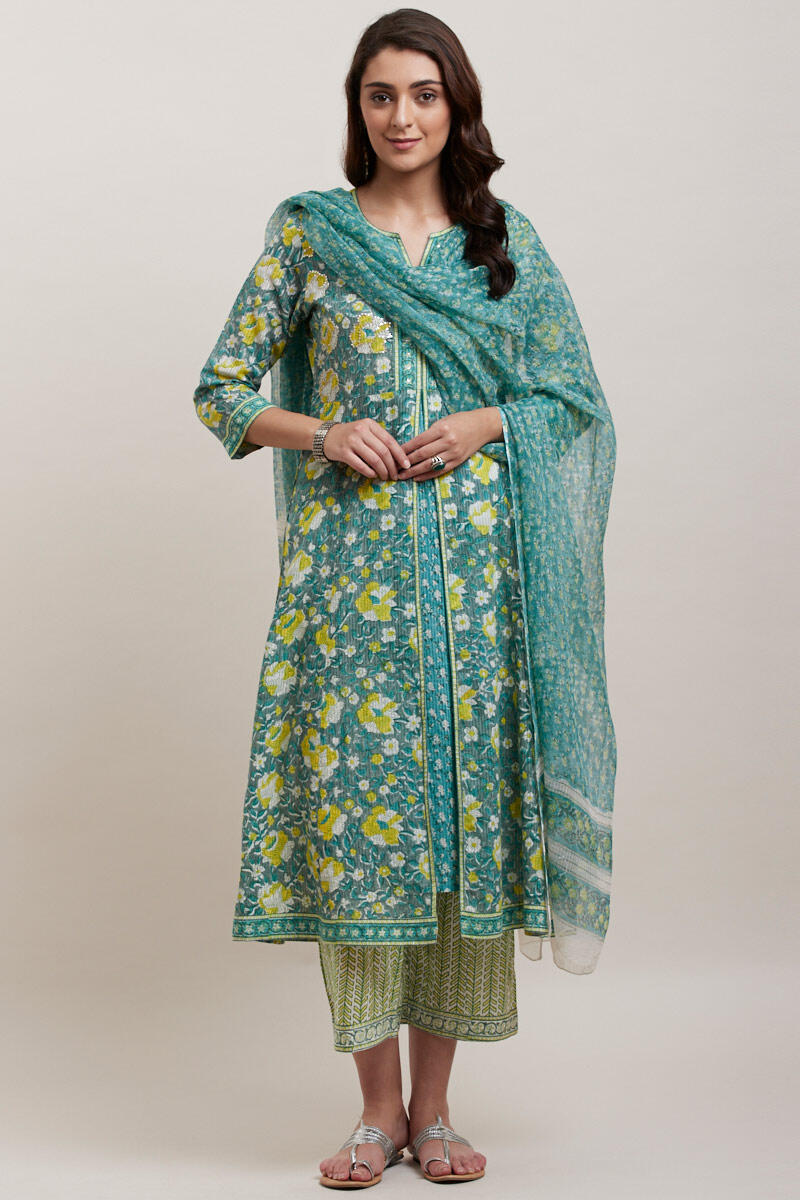 Green Block Printed A-line Cotton Kurta