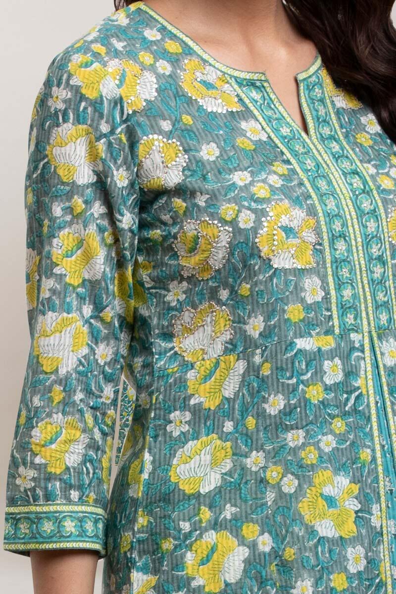 Green Block Printed A-line Cotton Kurta