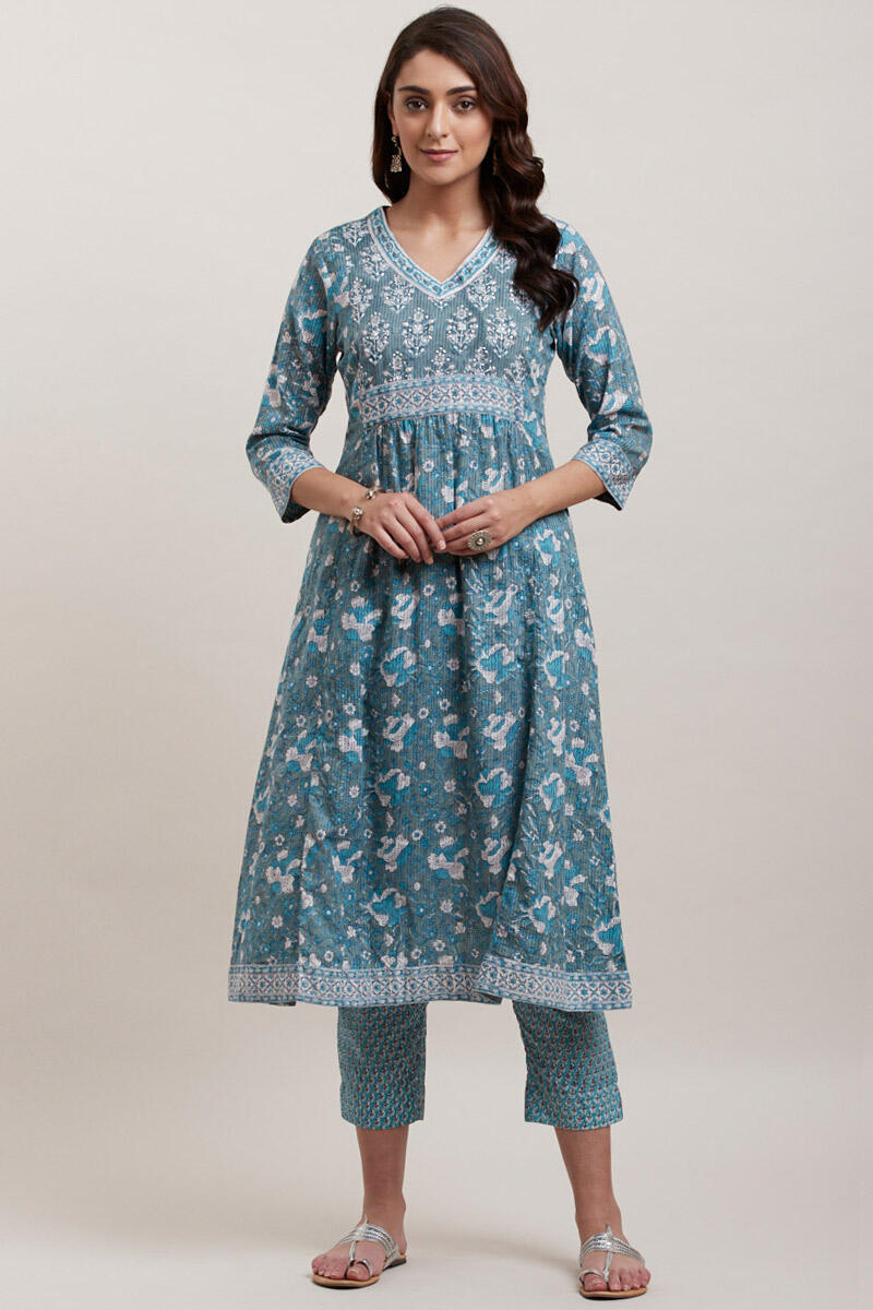 Green Block Printed A-line Cotton Kurta