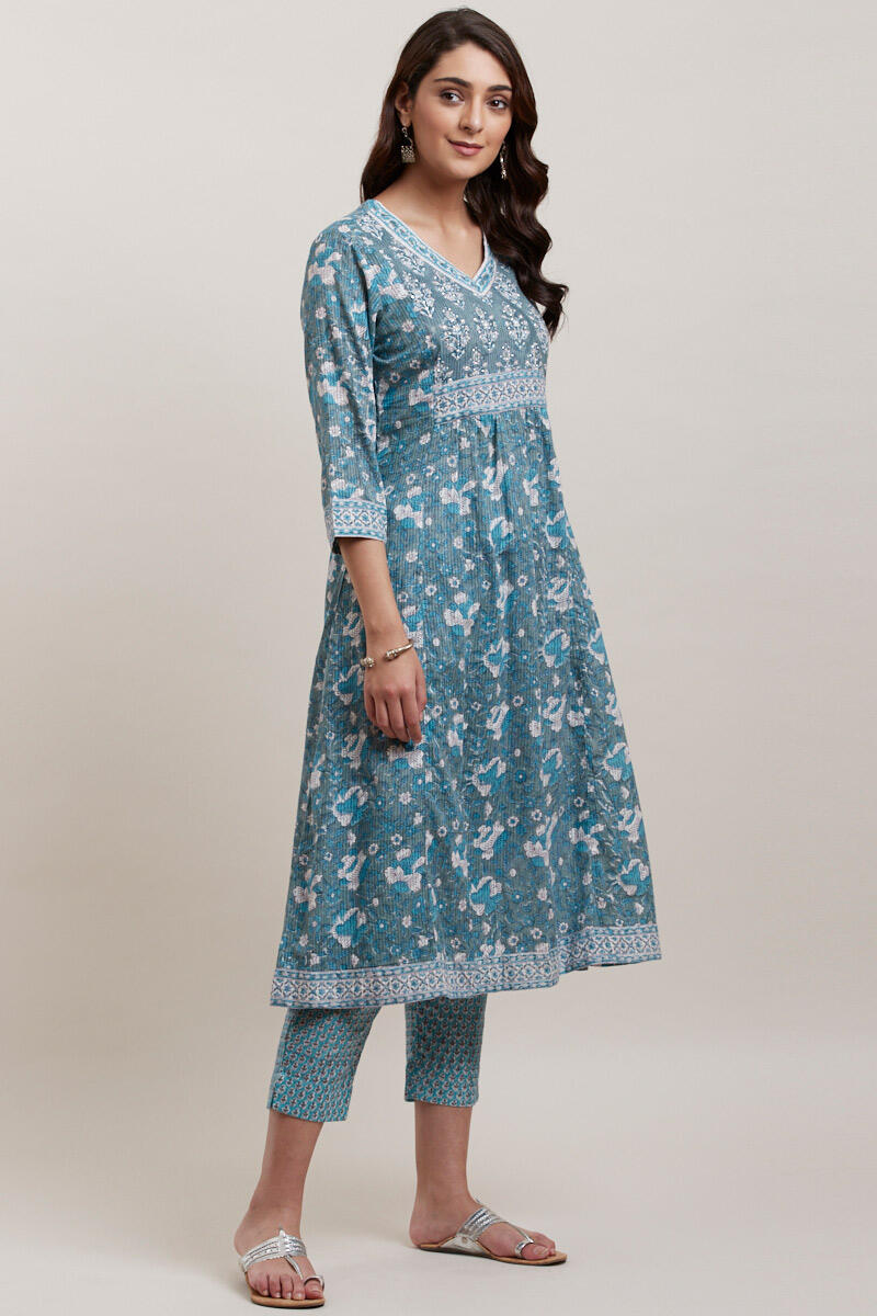 Green Block Printed A-line Cotton Kurta