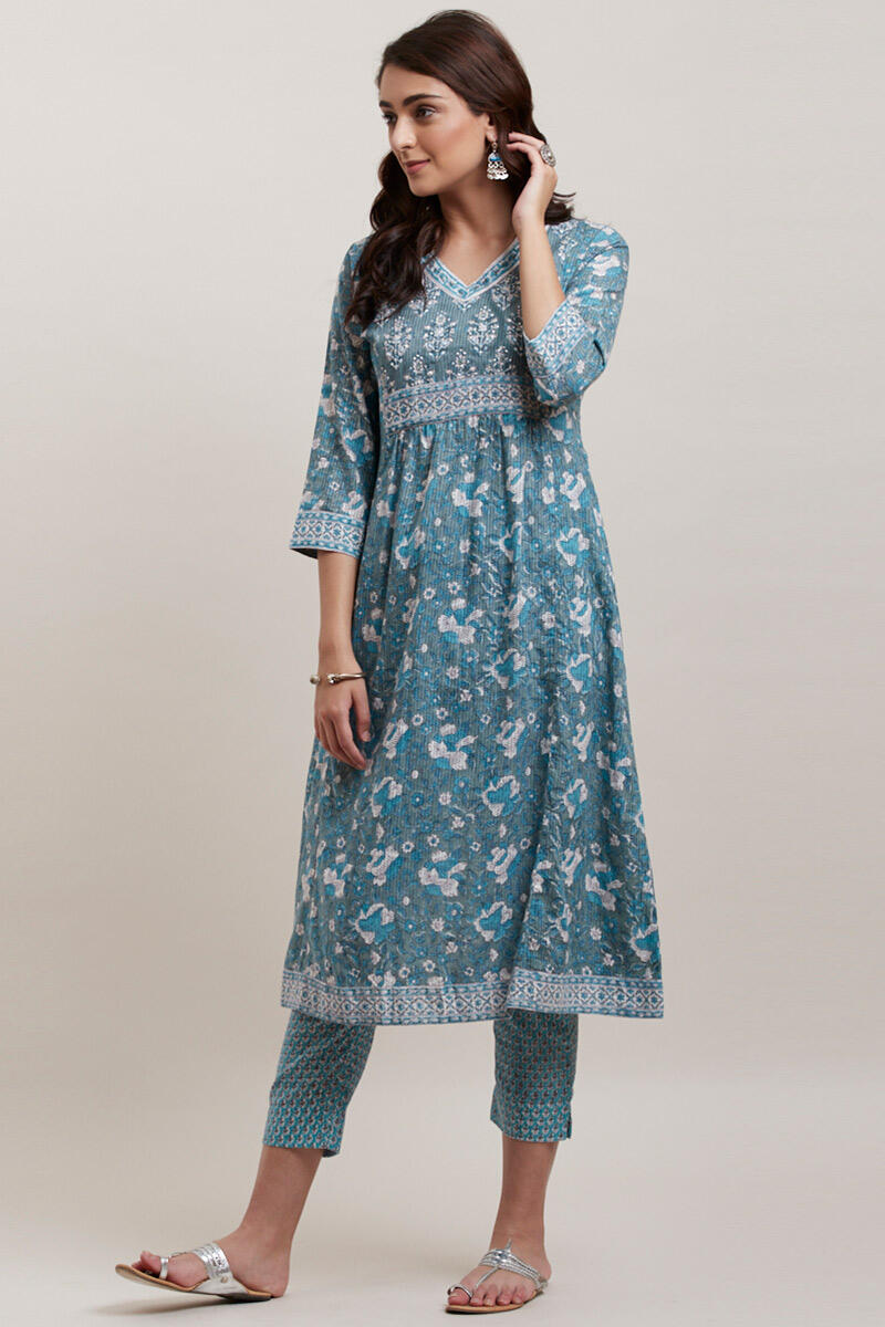 Green Block Printed A-line Cotton Kurta