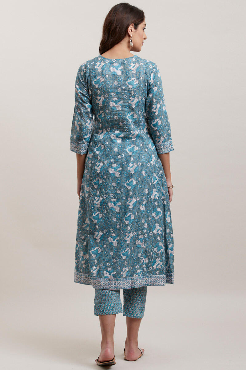 Green Block Printed A-line Cotton Kurta