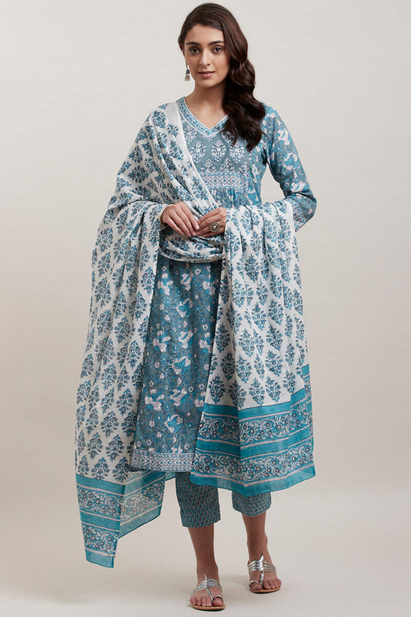 Green Block Printed A-line Cotton Kurta