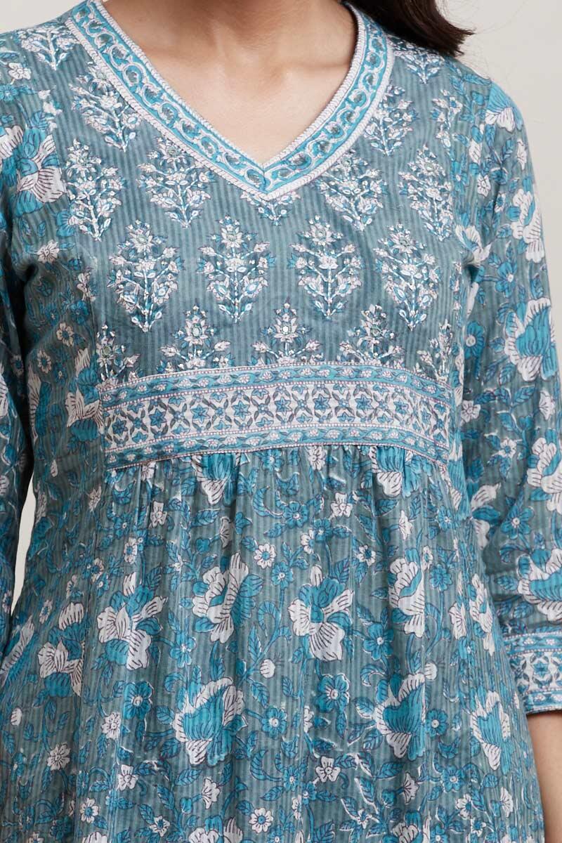 Green Block Printed A-line Cotton Kurta