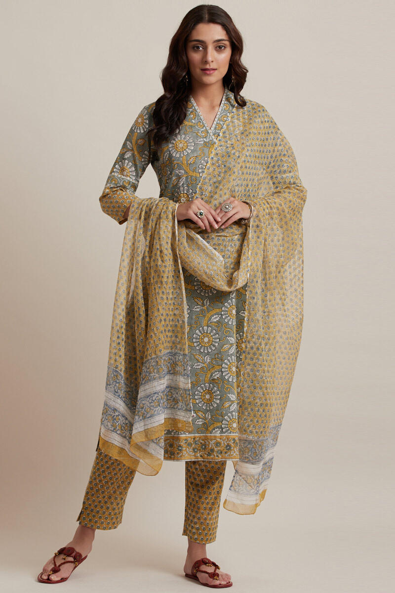 Mustard Block Printed Kota Dupatta