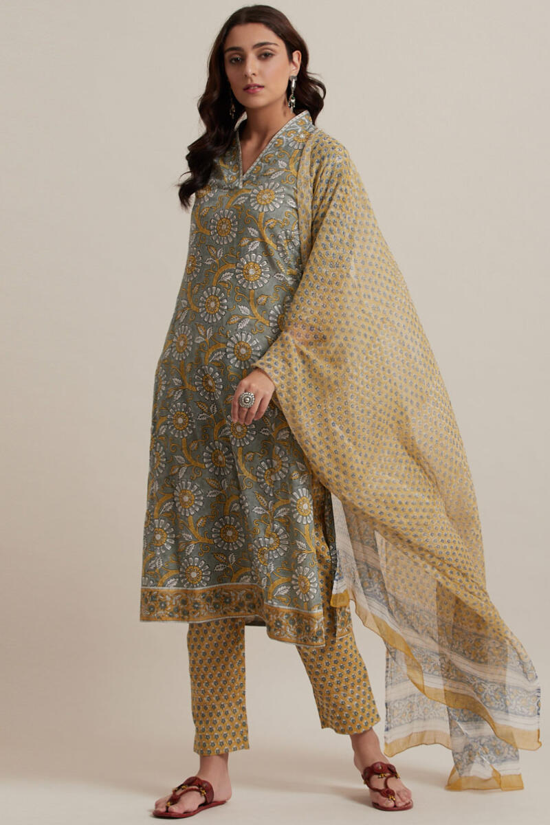 Mustard Block Printed Kota Dupatta