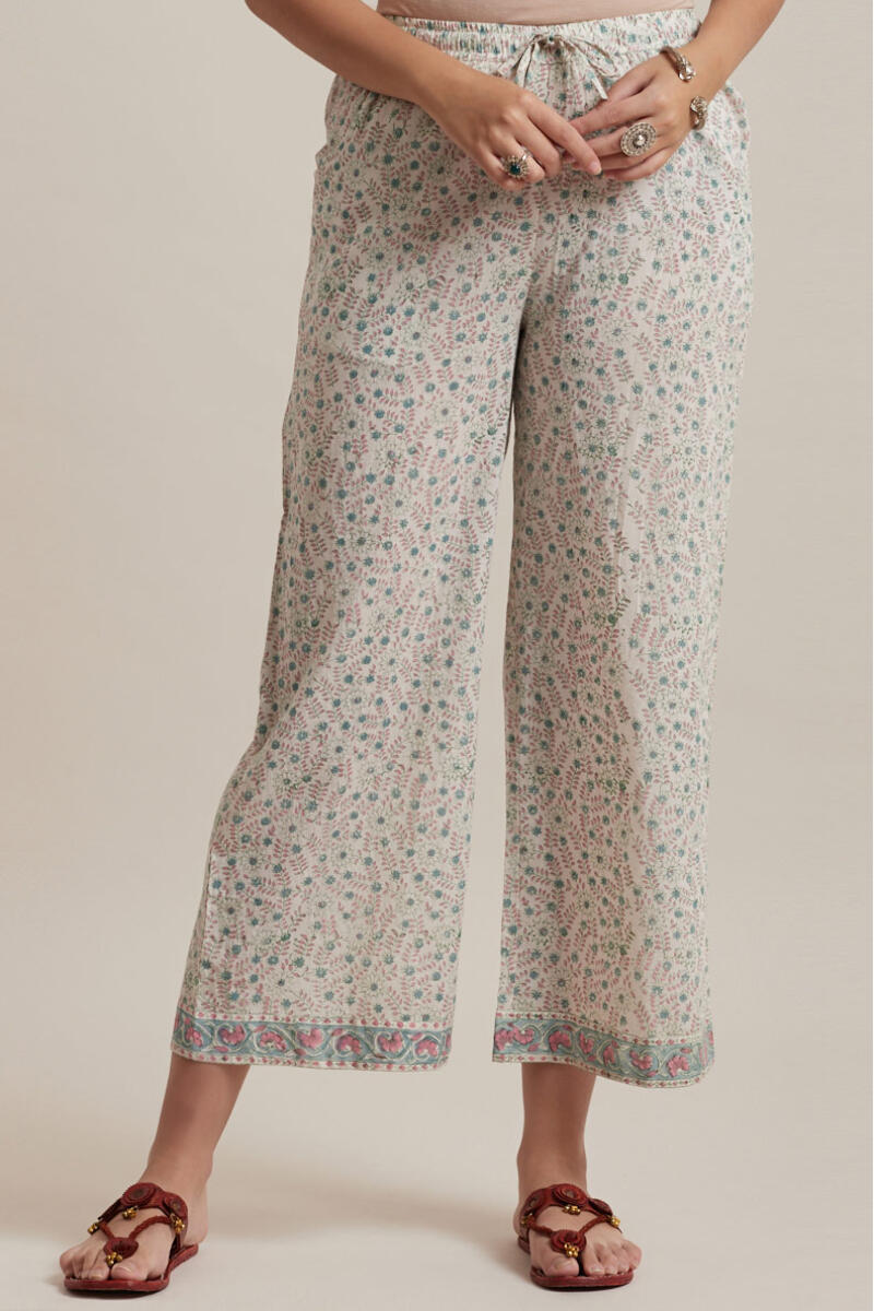 White Block Printed Cotton Farsi Pants