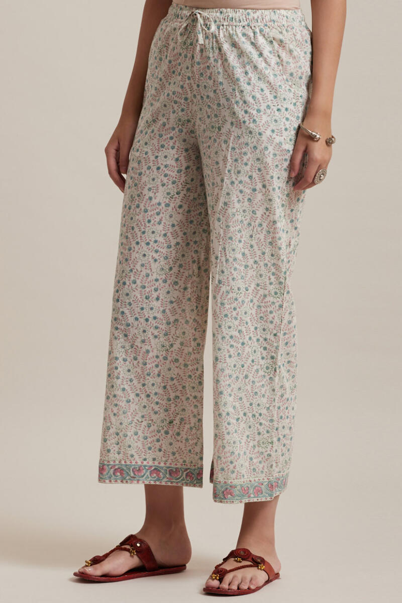 White Block Printed Cotton Farsi Pants