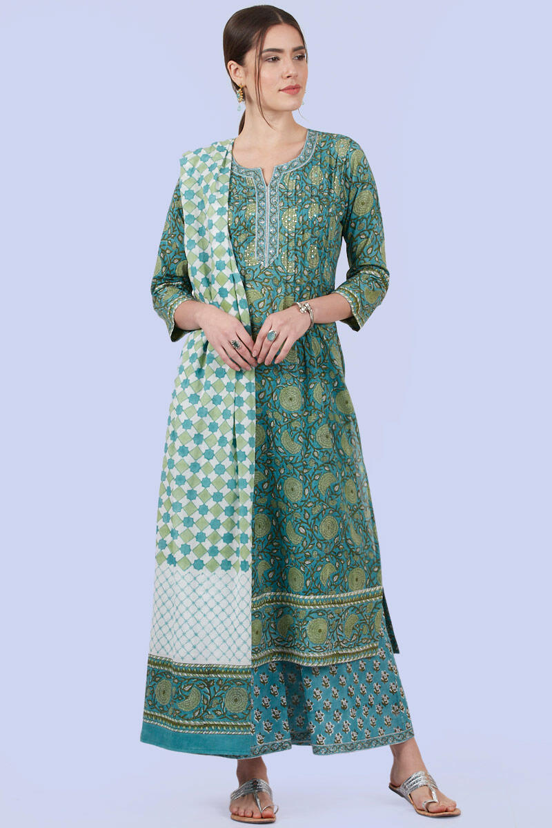 Green Block Printed Cotton Dupatta