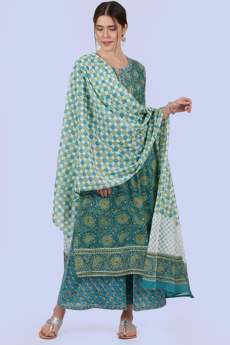 Green Block Printed Cotton Dupatta