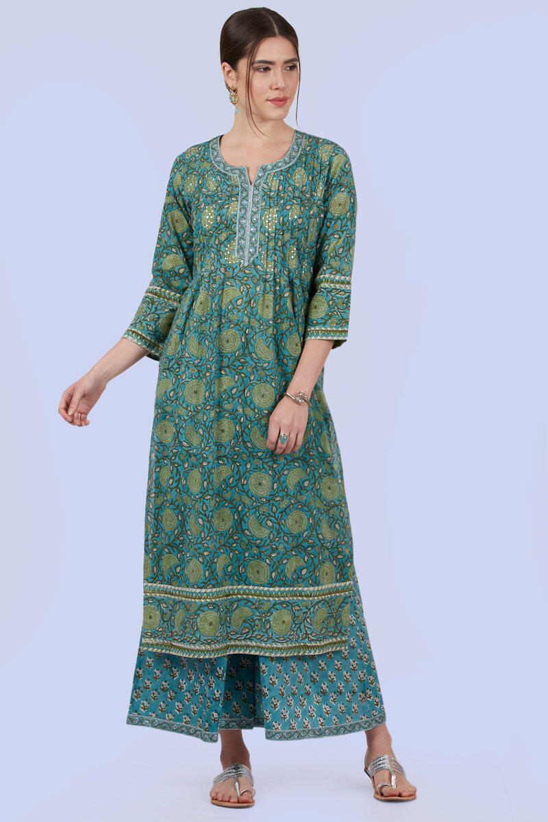 Green Block Printed Straight Cotton Kurta