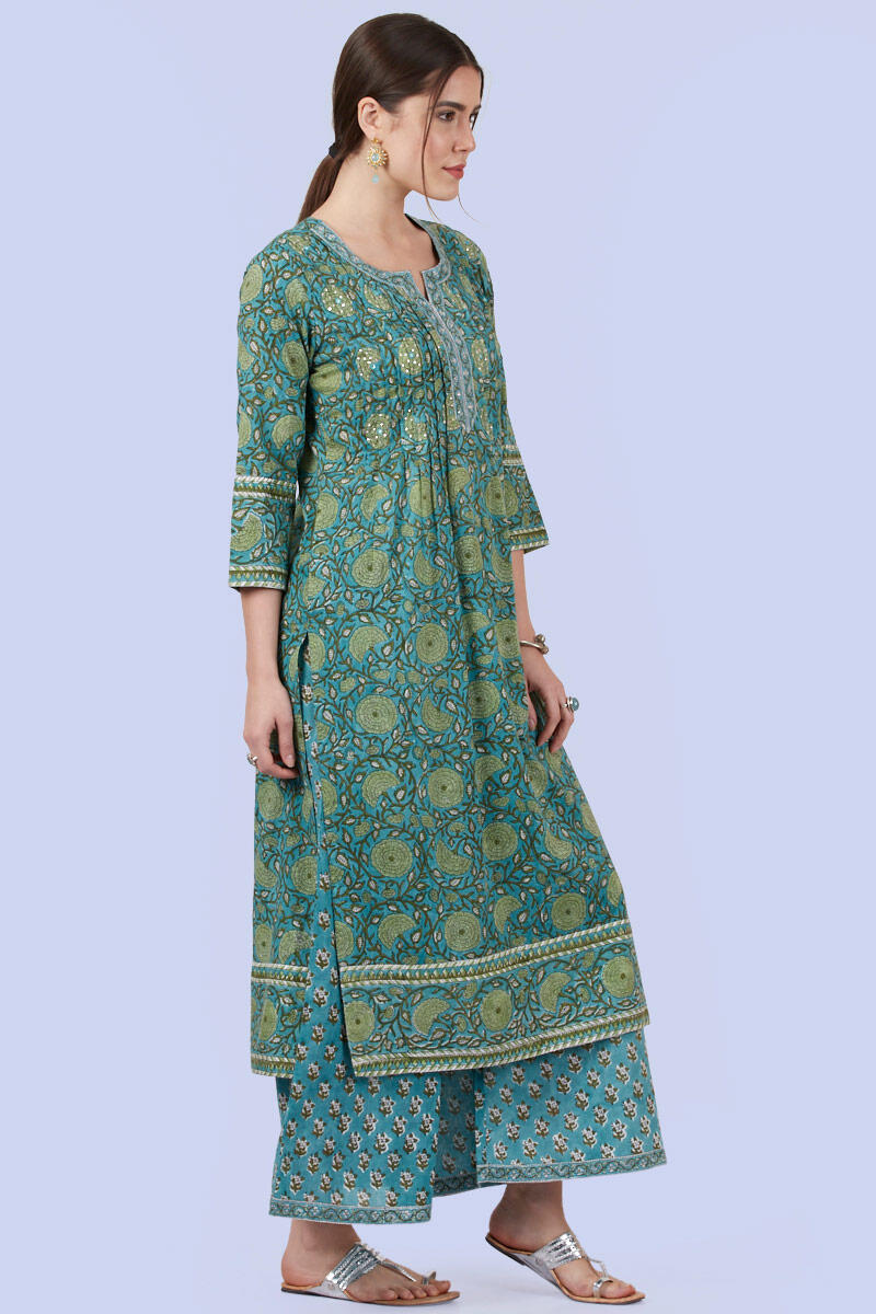 Green Block Printed Straight Cotton Kurta