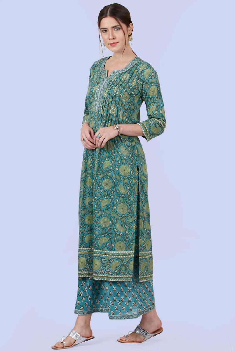 Green Block Printed Straight Cotton Kurta