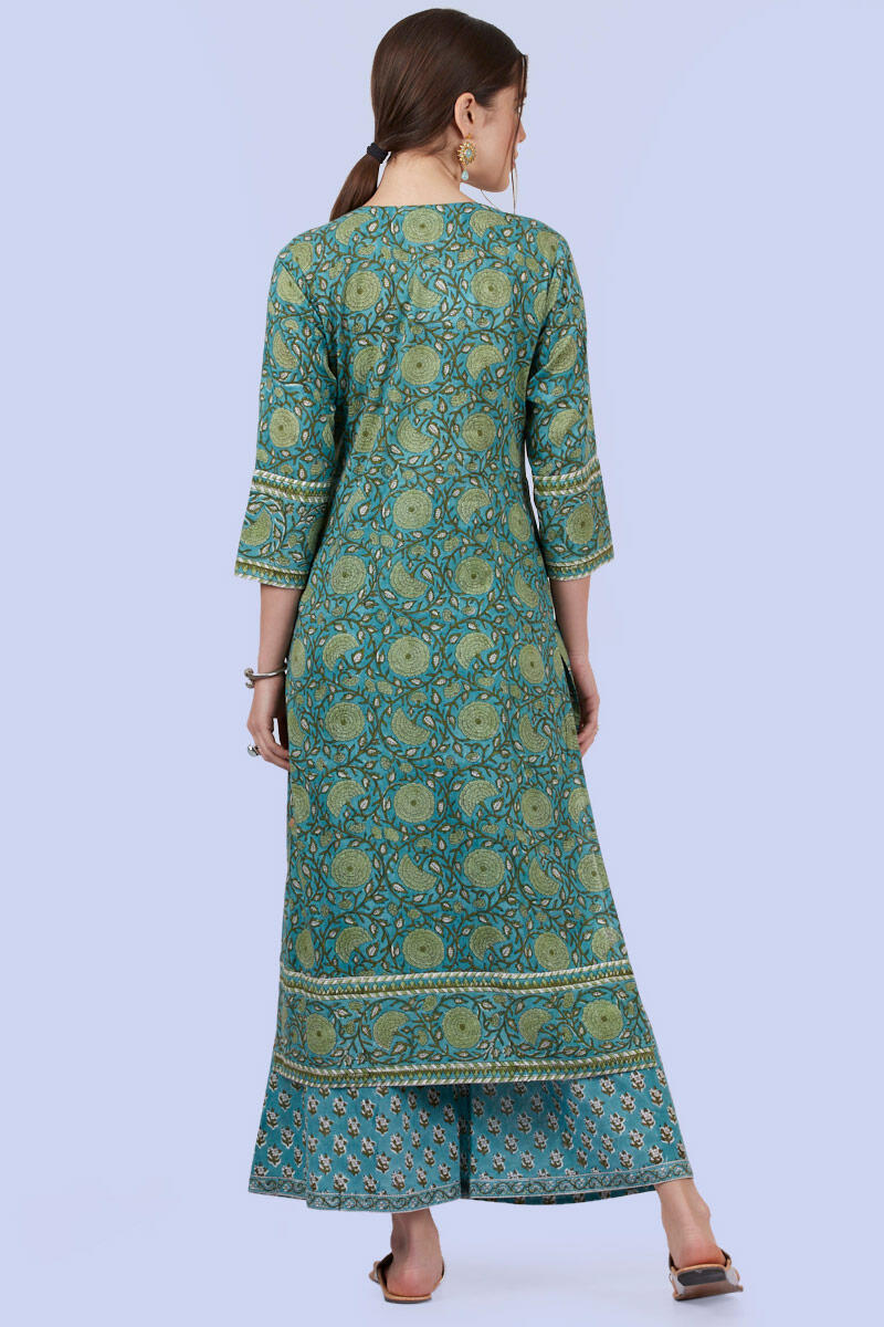 Green Block Printed Straight Cotton Kurta