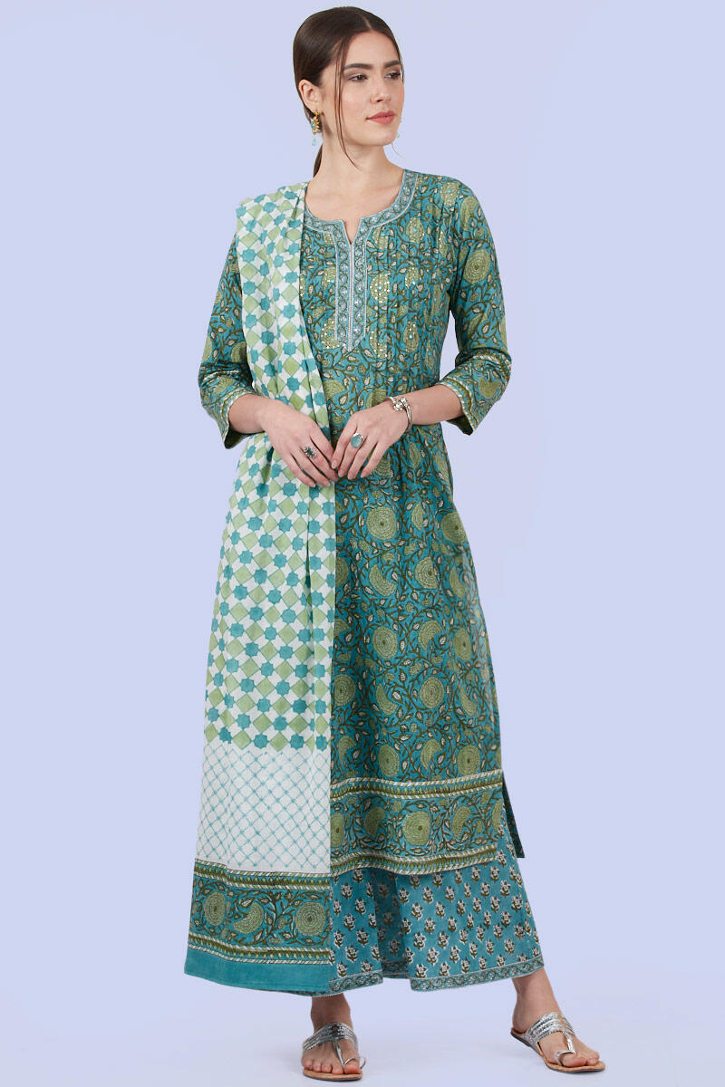 Green Block Printed Straight Cotton Kurta