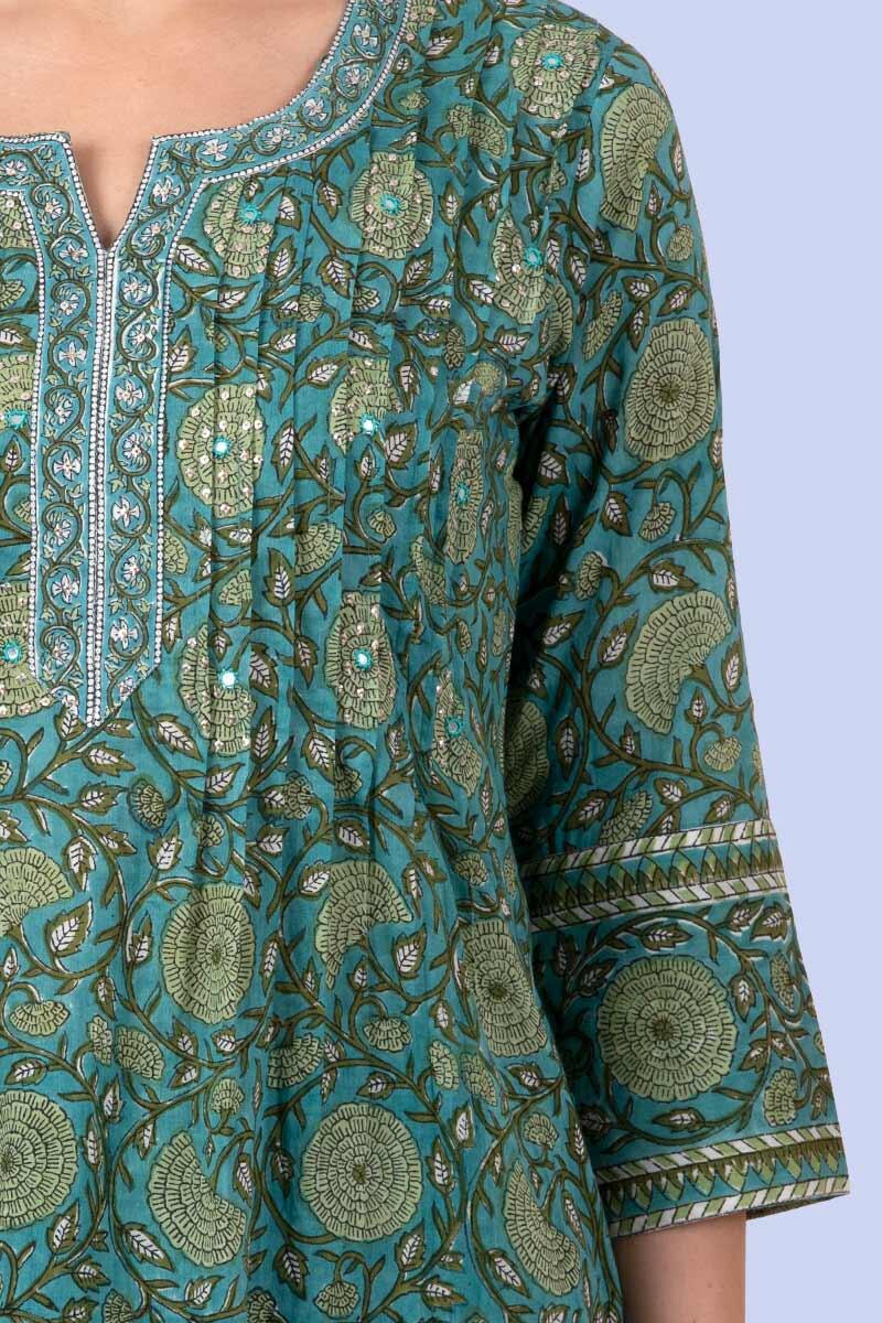 Green Block Printed Straight Cotton Kurta