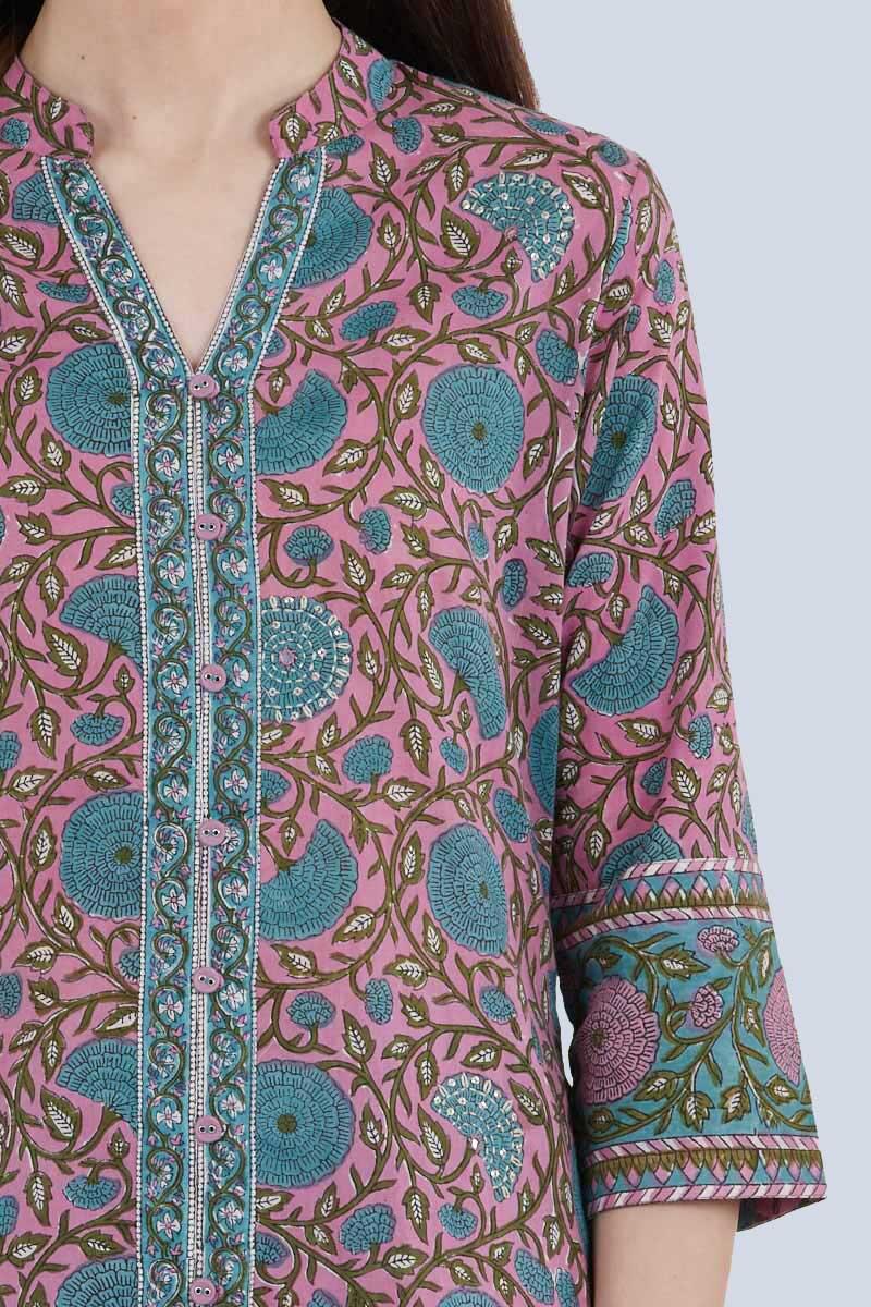 Green Block Printed Straight Cotton Kurta