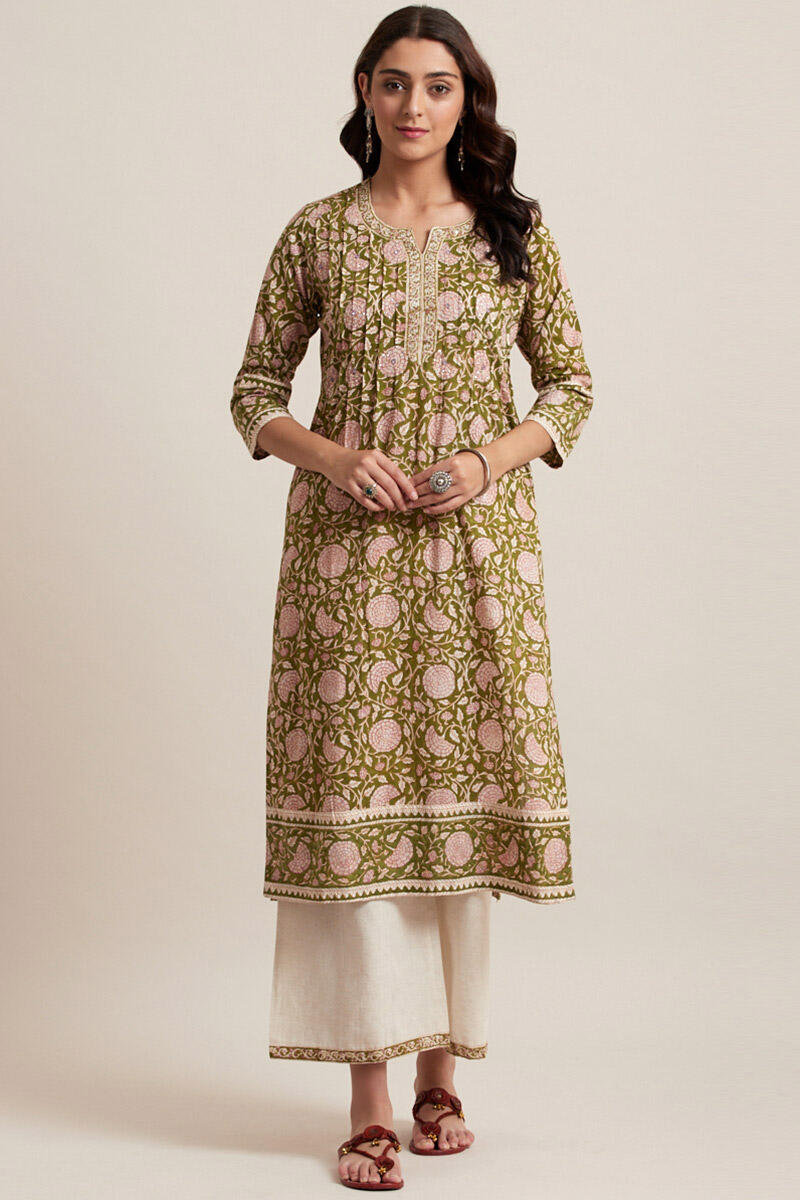 Green Block Printed Straight Cotton Kurta