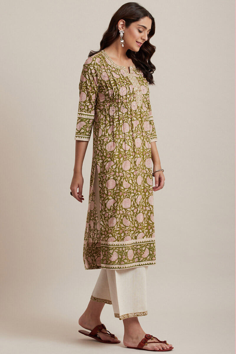 Green Block Printed Straight Cotton Kurta