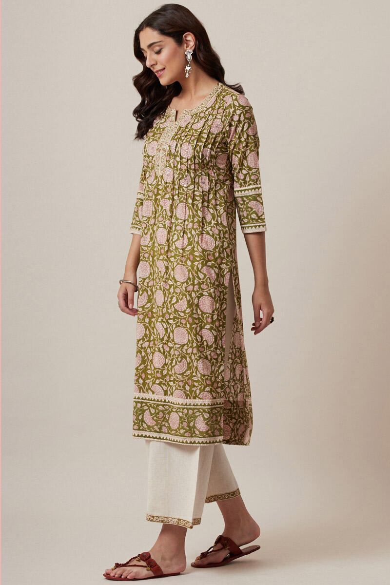 Green Block Printed Straight Cotton Kurta