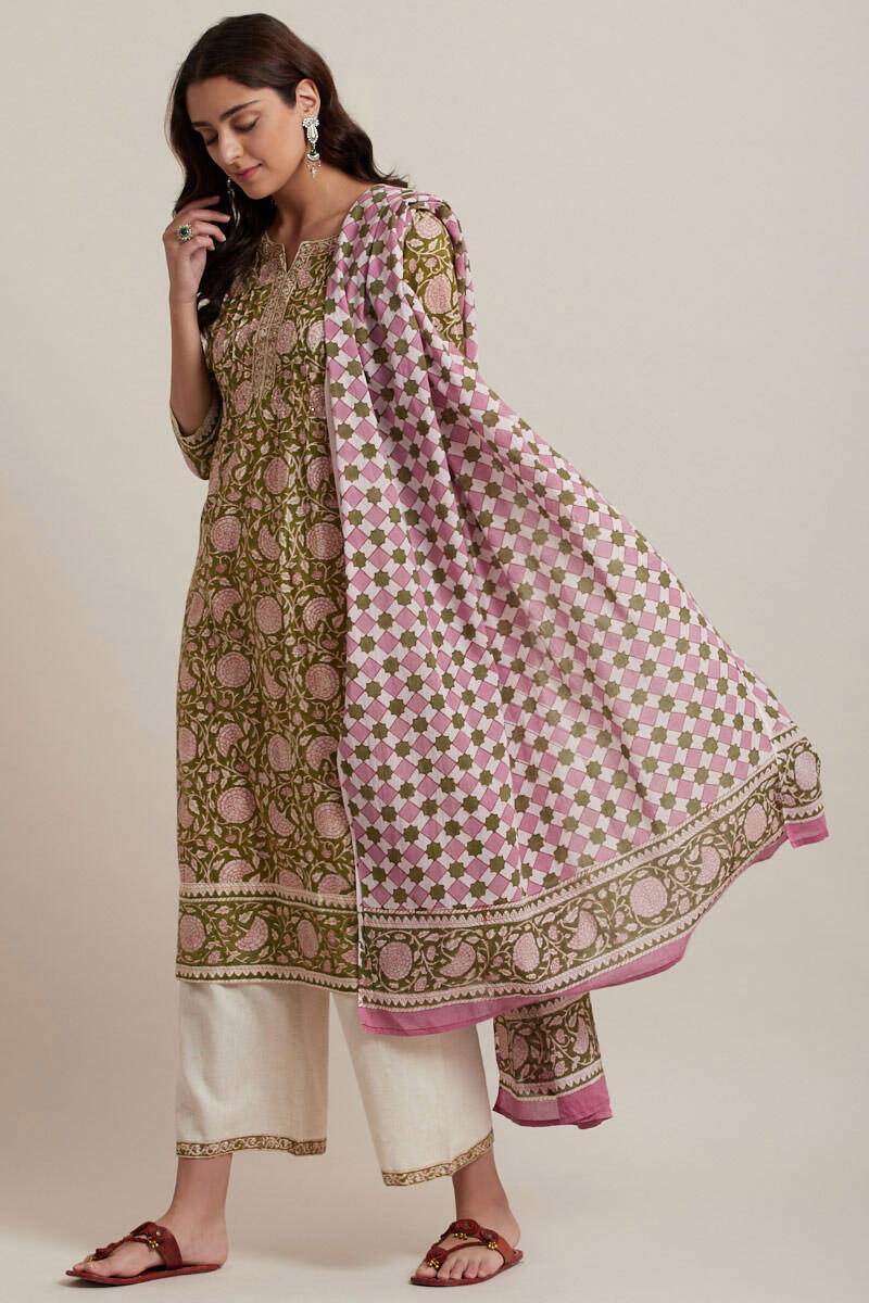 Green Block Printed Straight Cotton Kurta
