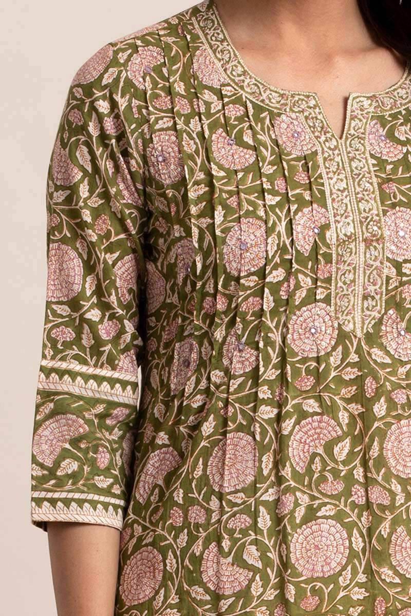Green Block Printed Straight Cotton Kurta