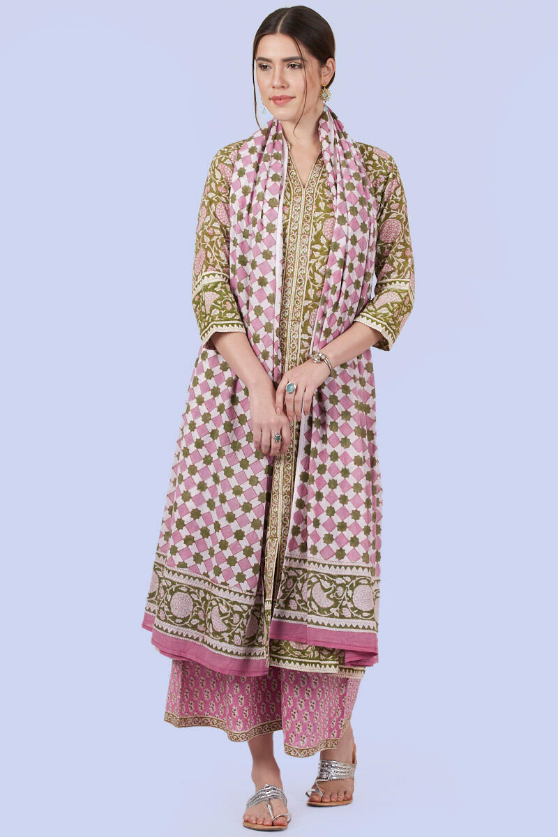 Pink Block Printed Cotton Dupatta