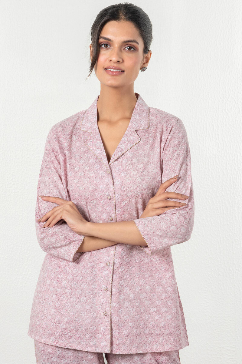 Pink Block Printed Cotton Pyjama Set