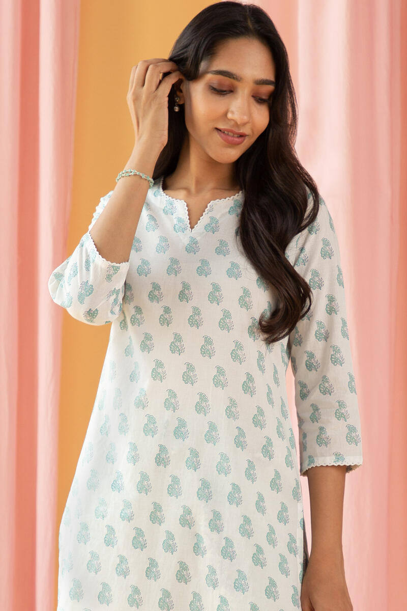 White Block Printed Cotton Pyjama Set