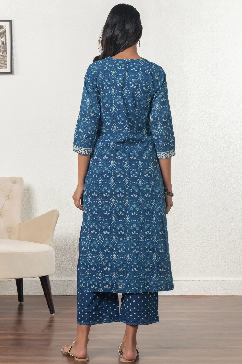 Indigo Block Printed Straight Cotton Kurta