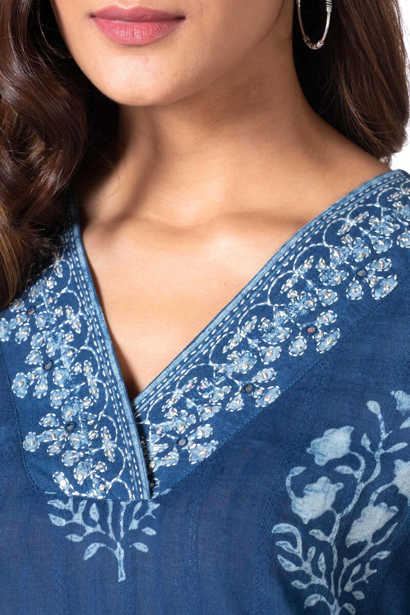 Indigo Block Printed Straight Cotton Dobby Kurta