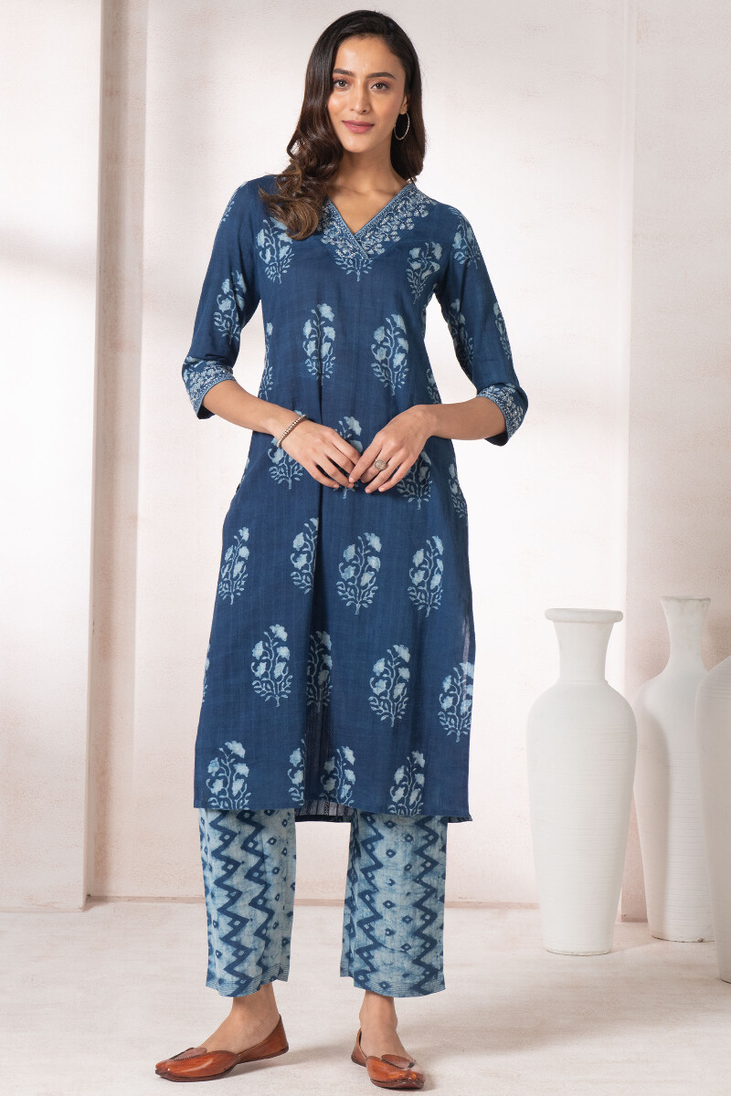 Indigo Block Printed Straight Cotton Dobby Kurta