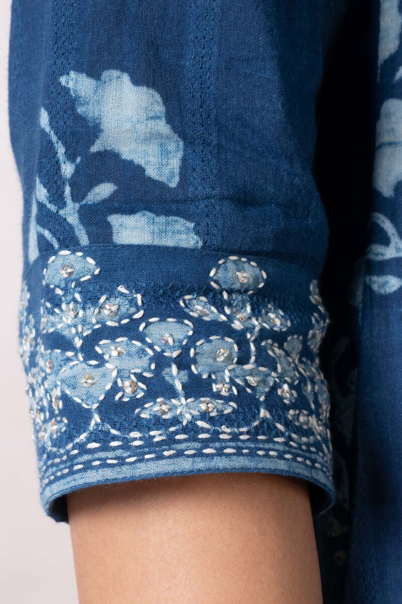 Indigo Block Printed Straight Cotton Dobby Kurta